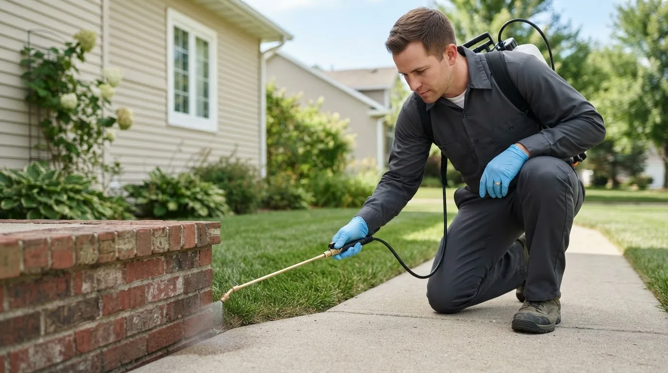 Pest control technician treating a home near Randolph, NY