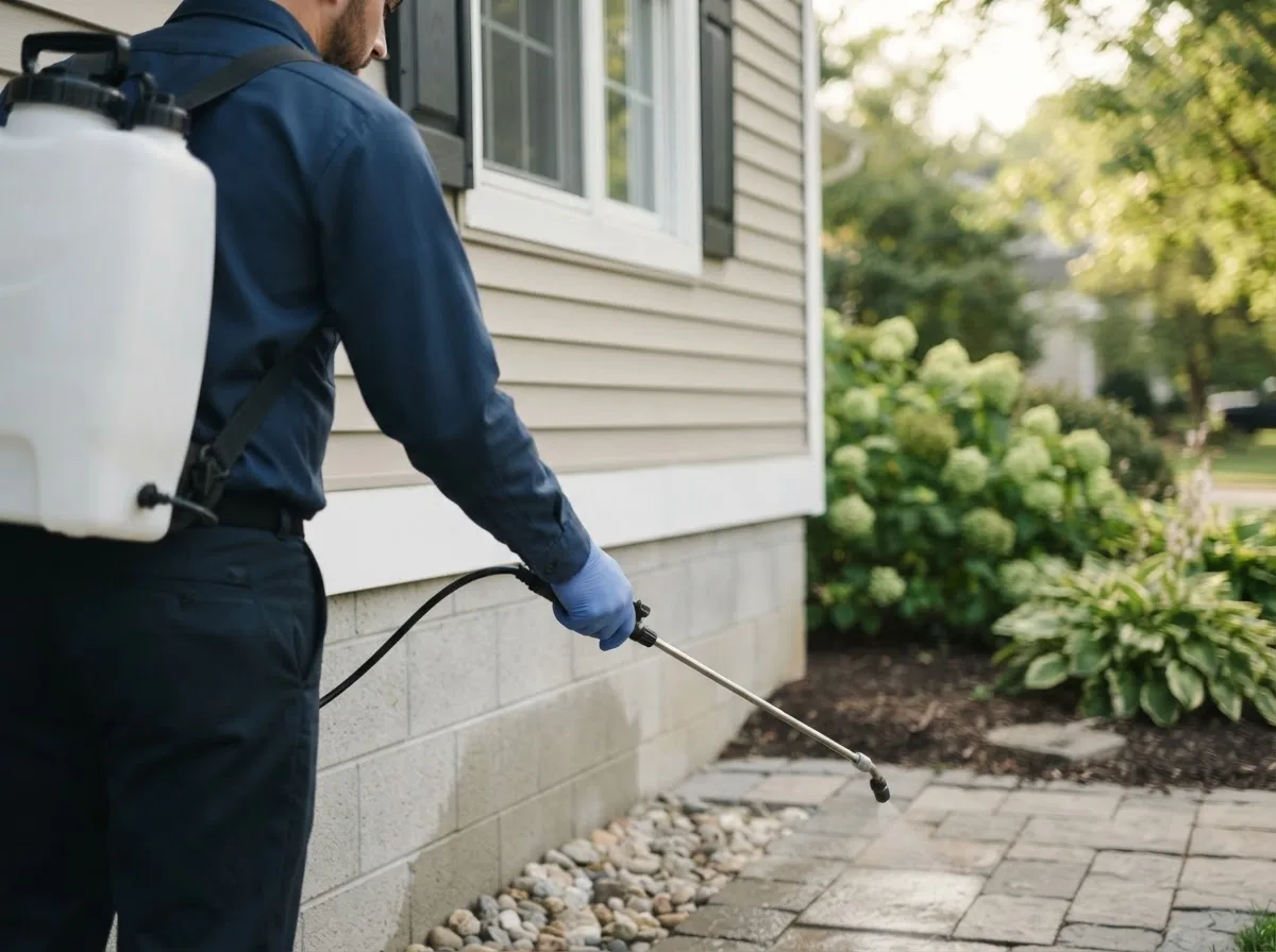 Pest control technician inspecting a home in Randolph, NY
